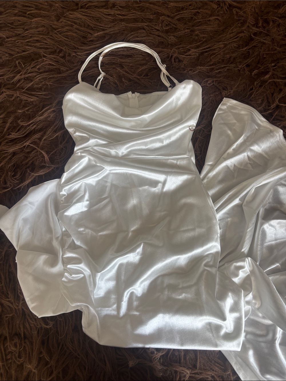 Satin White Cowl Neck High Slit Runch Side Wedding Dress. Small. Brand new.